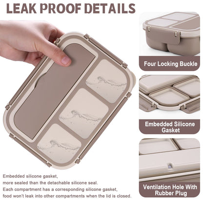 Bento Box Adult Lunch Box, Containers for Adults Men Women with 4 Compartments, Lunchable Food Container with Utensils, Sauce Jar, Muffin Liners, 40 Oz/5 Cup, Microwave & Dishwasher Safe, Brown