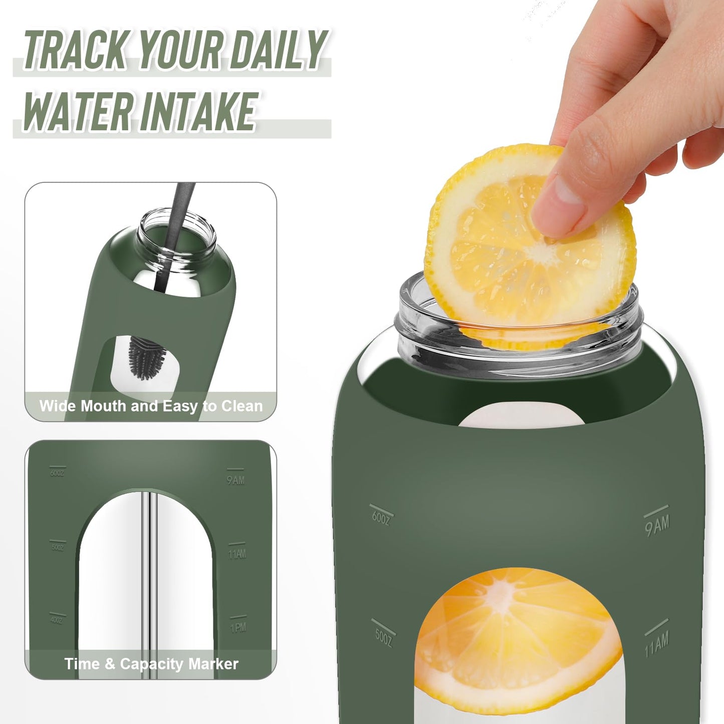 FULBEVY Glass Water Bottles 64 oz - Half Gallon Large Motivational Daily Water Intake Bottle Time Marker - Glass Water Bottle With Straw, Silicone Sleeve 2 Lids, Handle Spout & Bamboo Lid(Olive)