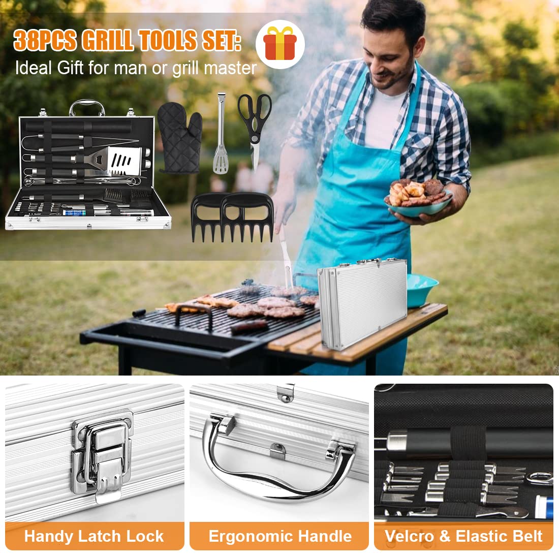 Cifaisi BBQ Grill Accessories Set, 38Pcs Stainless Steel Grill Tools Grilling Accessories with Aluminum Case, Thermometer, Grill Mats for Camping/Backyard Barbecue, Grill Utensils Set for Men Women