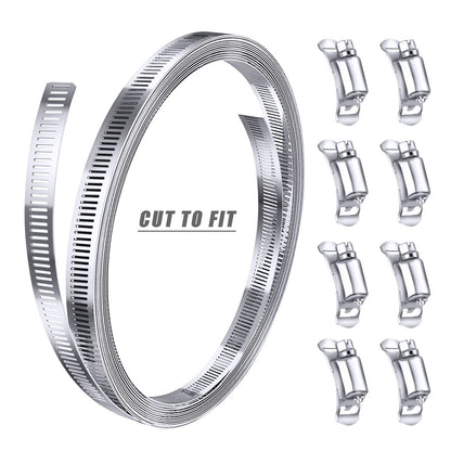 Steelsoft 304 Stainless Steel Hose Clamp Assortment Kit DIY, Cut-To-Fit 12 FT Metal Strap+8 Stronger Fasteners,Large Adjustable Worm Gear Band Hose Clamps Screw Clamps Duct Pipe Metal Clamp Strapping