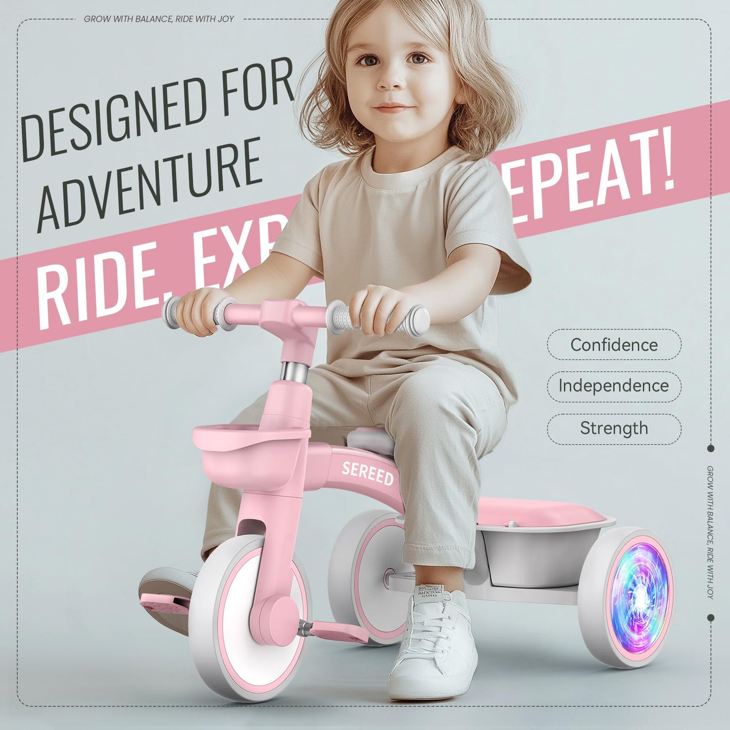 SEREED Colorful Lighting Toddler Tricycle for 2-5 Years Old Girls, Adjustable Seat&Handlebar Trike, Removable Basket, Birthday Gift Idea for Kids Ages 2+ (Pink)