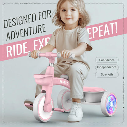 SEREED Colorful Lighting Toddler Tricycle for 2-5 Years Old Girls, Adjustable Seat&Handlebar Trike, Removable Basket, Birthday Gift Idea for Kids Ages 2+ (Pink)