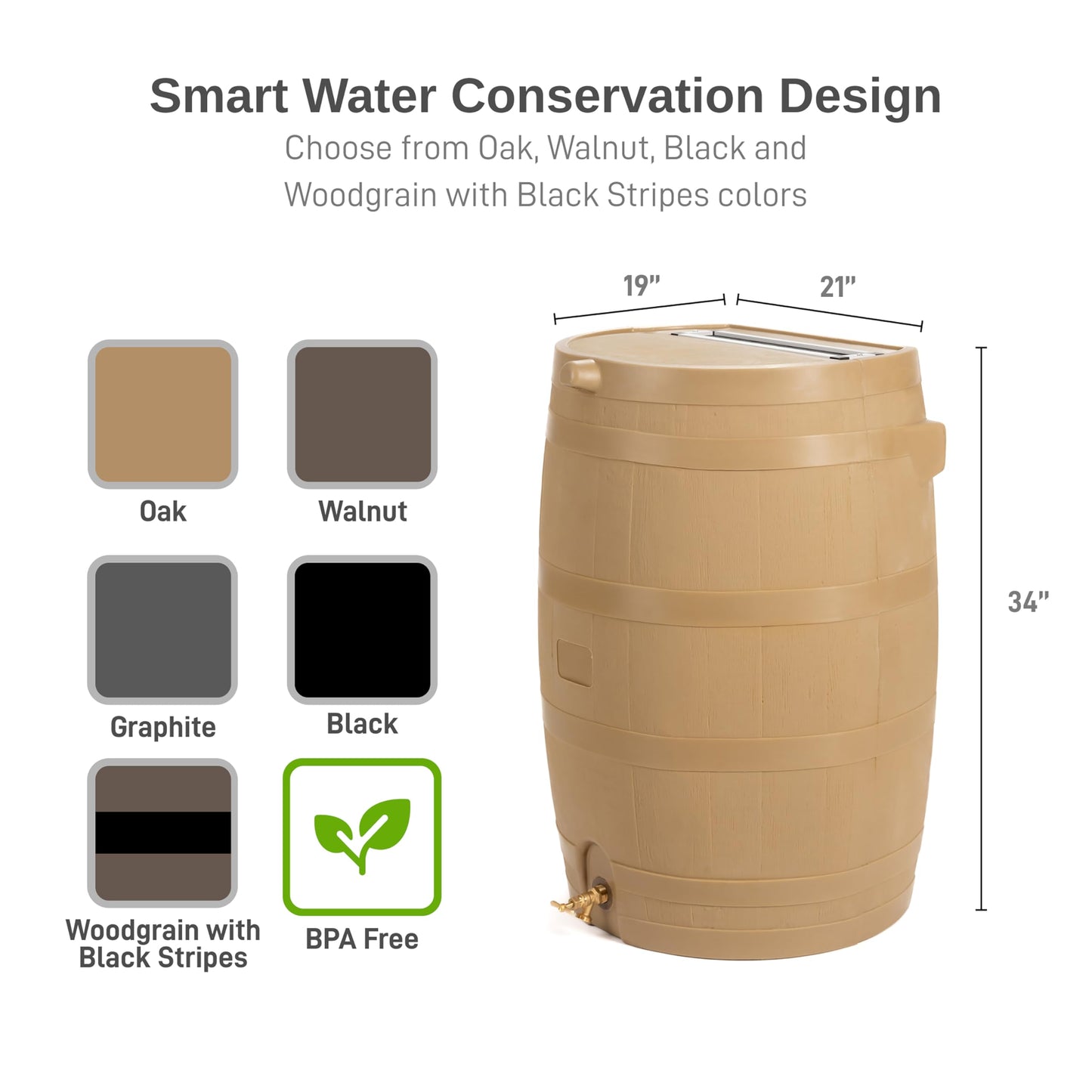 RTS Home Accents 50-Gallon Rain Barrel, Flat Back Rain Water Collection Barrel, Link Kit Included, Oak Color (2 Pack)