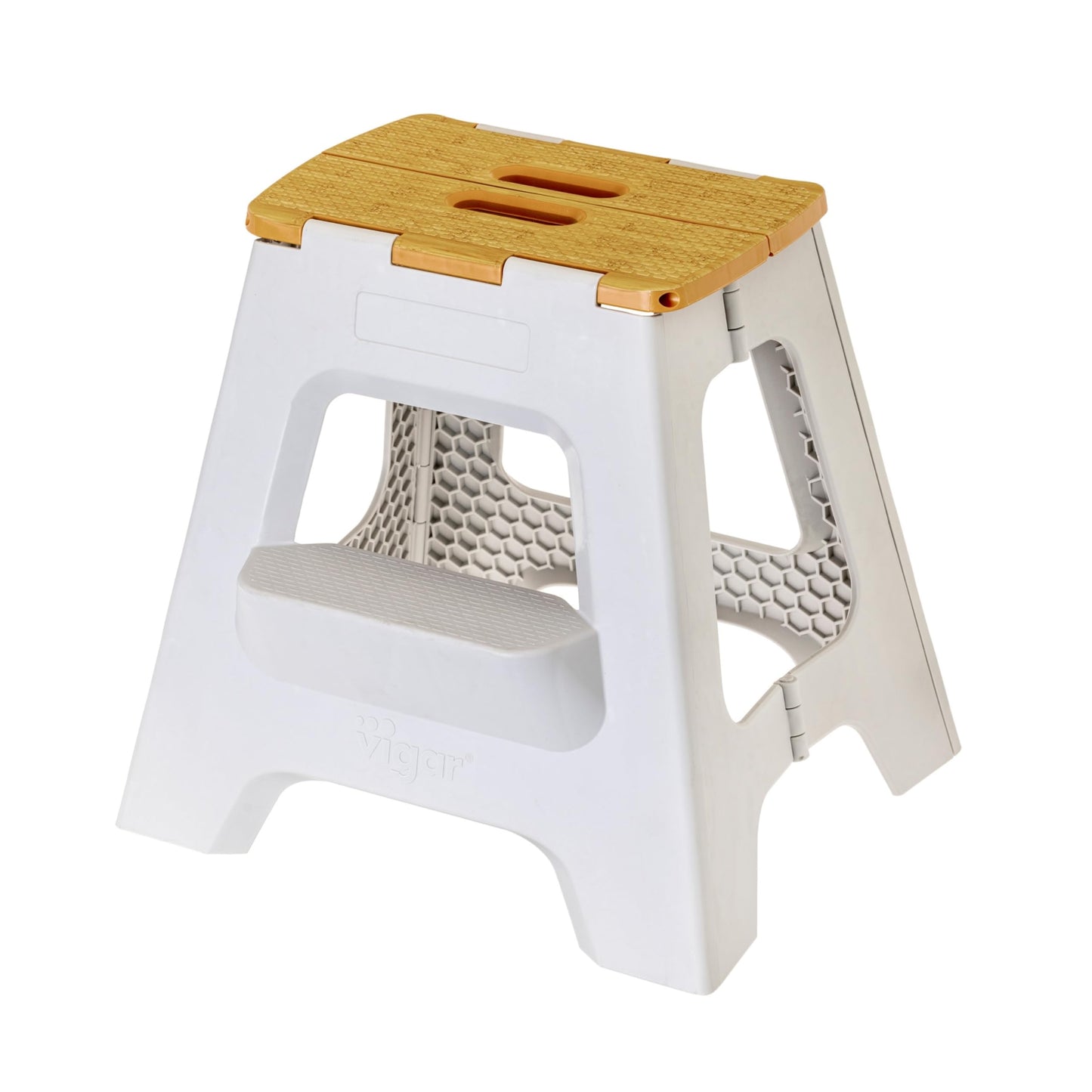 Vigar Compact Step Stool Foldable, 16-inch Two-Step Stools for Adults up to 330 Pound, Lightweight Stool, Non-Slip Folding Step Stool, Grey, Bamboo Print on Top