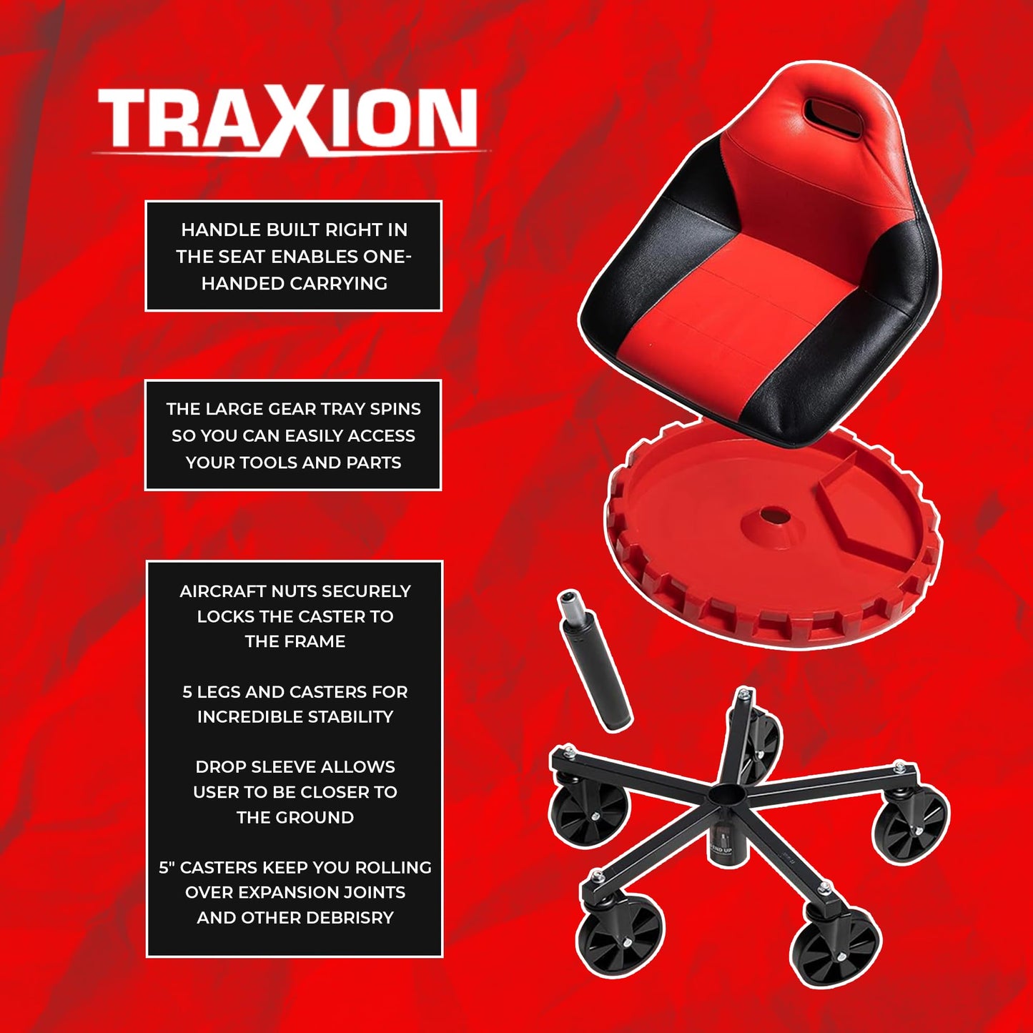 Traxion 2-700 ProGear Mobile Rolling Gear Seat W/Equipment Tray and Five All-Terrain 5" Casters