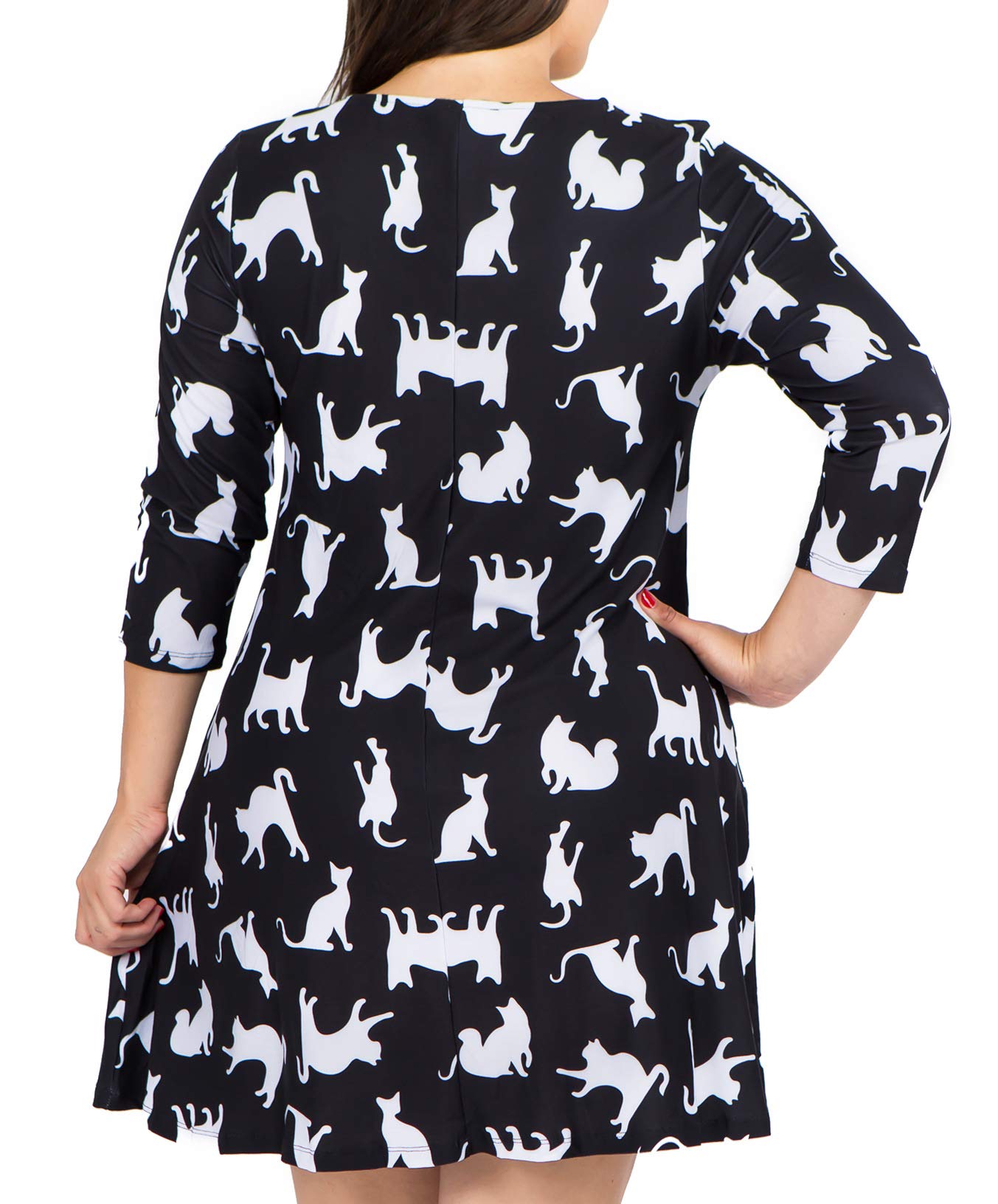 Women's Plus Size Novelty Cat Print Dresses with Pockets 2X Casual 3/4 Sleeves Crew Neck Fit and Flare Dress Balck White Kitty