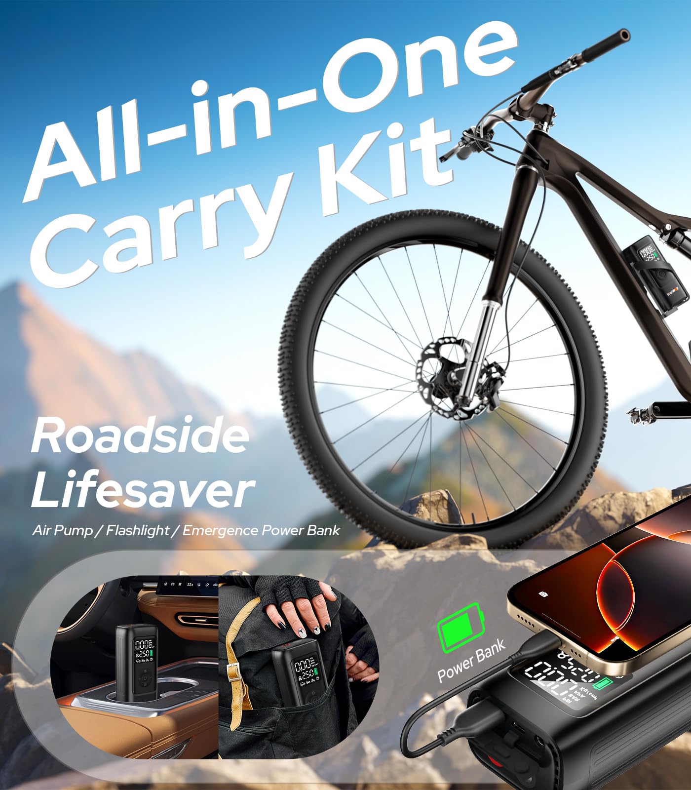 WARWOLF 160PSI Tire Inflator Portable Air Compressor - 48LPM Fast Air Pump for Car Tires: SUV, Light Truck, Motorcycle, Bike, 10000mAh with Auto Shut-Off, Digital Gauge, 12V Car Adapter, LED Light