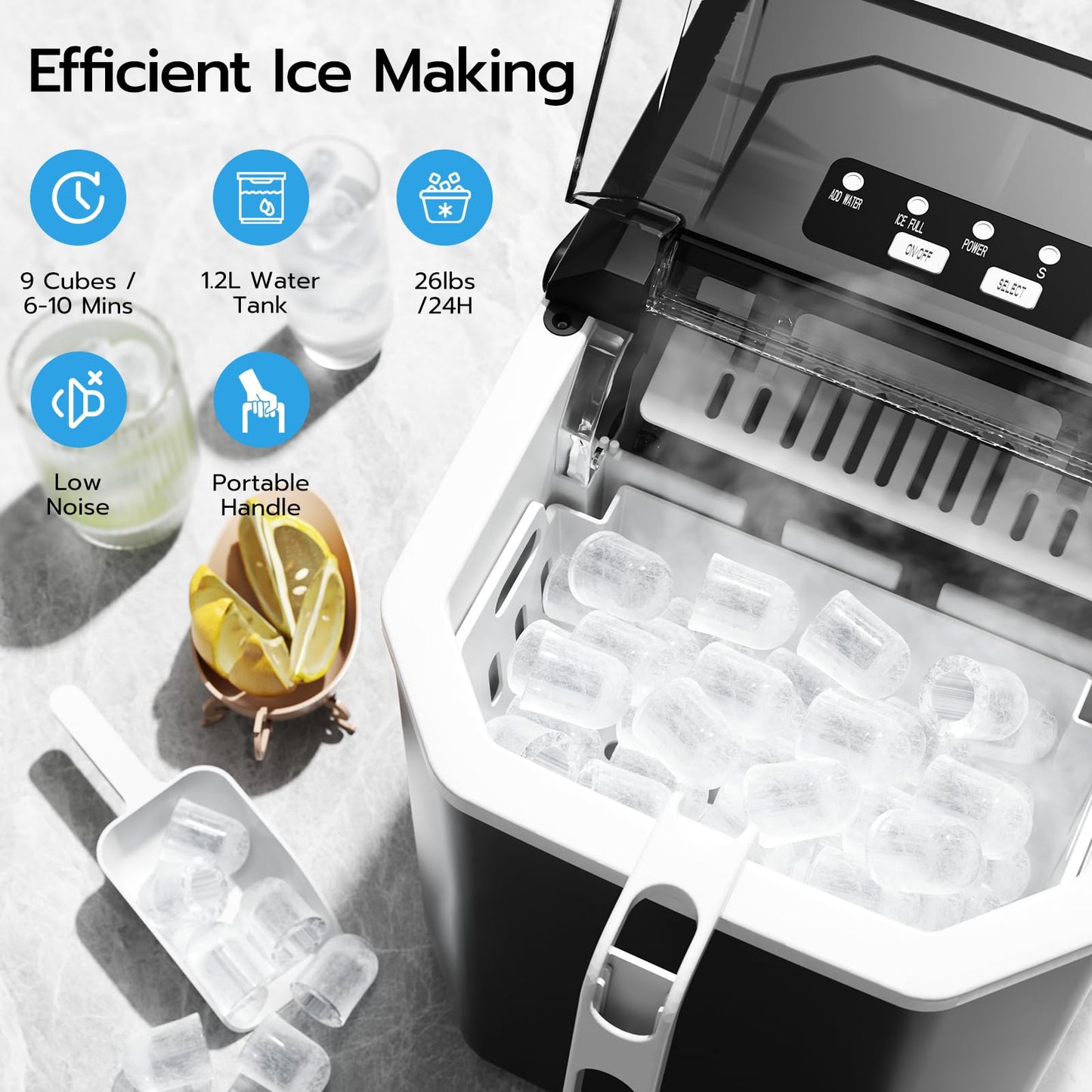 ZAFRO Countertop Ice Maker, 26.5Lbs/24H, 9 Bullet Cubes in 6 Mins, Self-Cleaning Portable Ice Machine with 2 Ice Sizes (S/L), Quiet Compact Design, Double Handles, for Home, Party, RV, Camping, Black