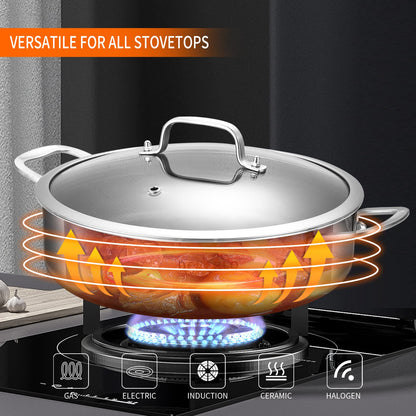 DELARLO Frying Pan,12 inch Skillet with lid,Tri-Ply Stainless Steel Saute Pan 6QT,Dishwasher-Friendly,Stay-Cool Handles,Oven-Safe Up to 660℉