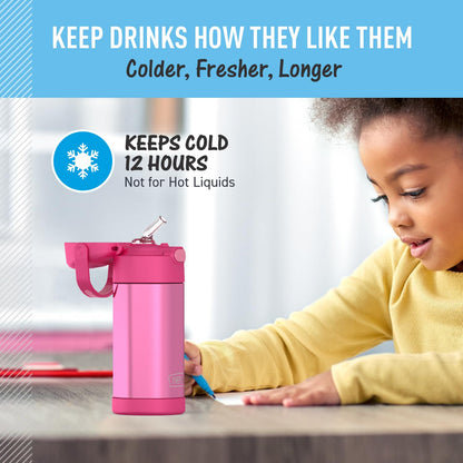 THERMOS FUNTAINER Water Bottle with Straw - 12 Ounce - Kids Stainless Steel Vacuum Insulated Water Bottle with Lid, Pink