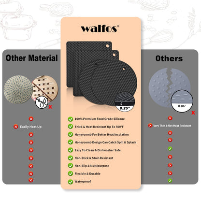 Walfos Silicone Trivet Mats - 4 Heat Resistant Pot Holders, Multipurpose Non-Slip Hot Pads for Kitchen Potholders, Hot Dishers, Jar Opener, Spoon Holder, Food Grade Silicone & BPA Free (Black)