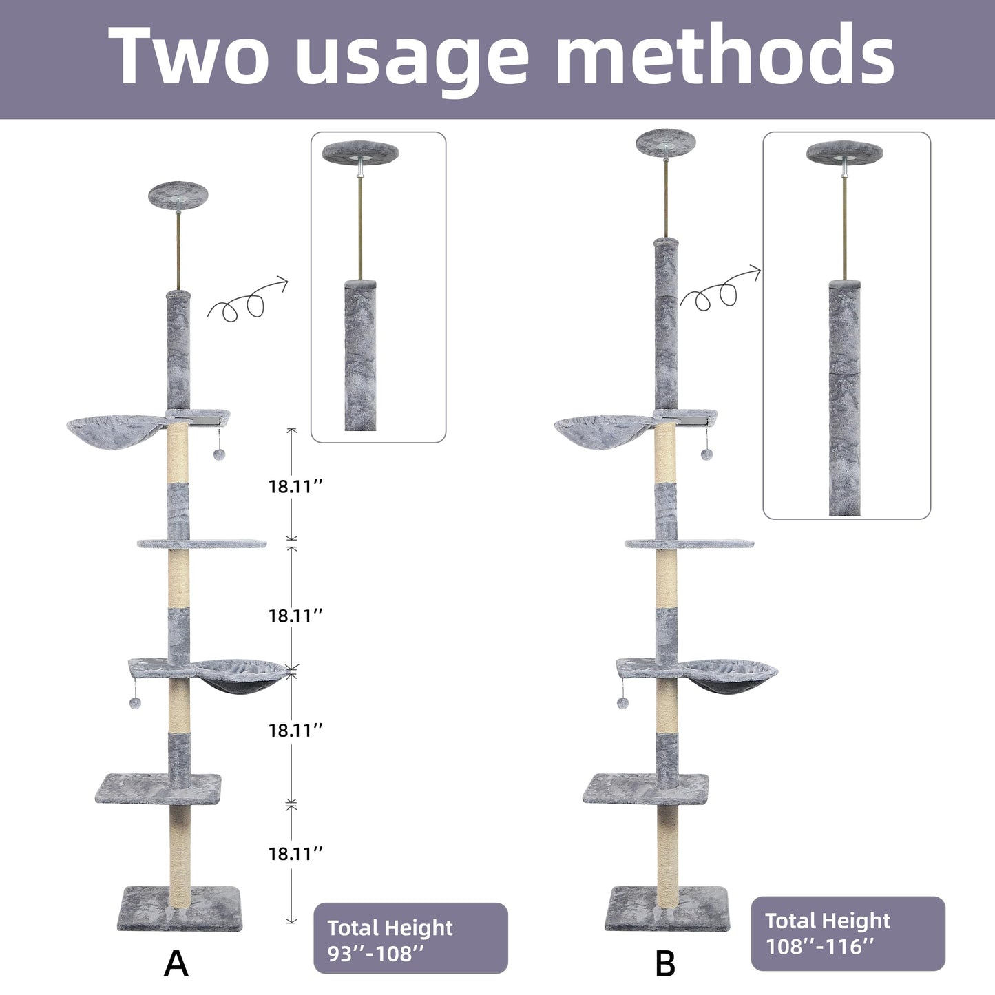 Roypet Adjustable 93"-116" Tall Cat Climbing Tree 5-Tier Kitty Activity Center Floor-to-Ceiling Climber Toy with Hanging Hammock and Scratching Posts Cat Furniture,Grey