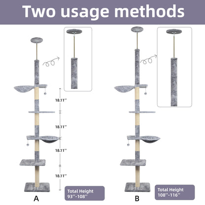Roypet Adjustable 93"-116" Tall Cat Climbing Tree 5-Tier Kitty Activity Center Floor-to-Ceiling Climber Toy with Hanging Hammock and Scratching Posts Cat Furniture,Grey