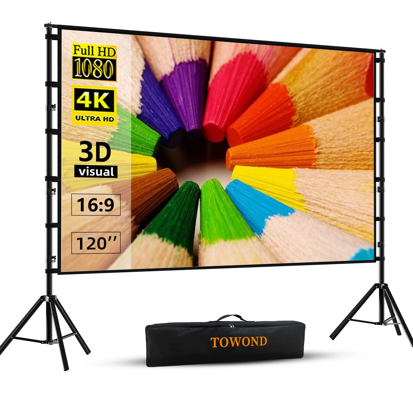 TOWOND Projector Screen and Stand, 120 inch Outdoor Projection Screen, Portable 16:9 4K HD Rear Front Movie Screen with Carry Bag Wrinkle-Free Design for Home Theater Backyard Cinema