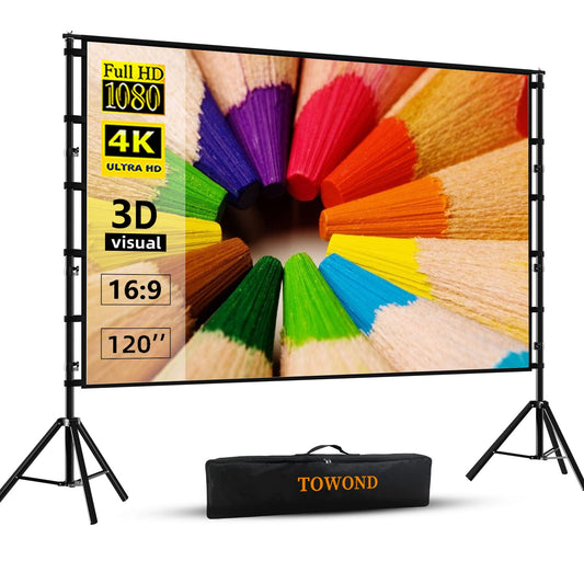 TOWOND Projector Screen and Stand, 120 inch Outdoor Projection Screen, Portable 16:9 4K HD Rear Front Movie Screen with Carry Bag Wrinkle-Free Design for Home Theater Backyard Cinema