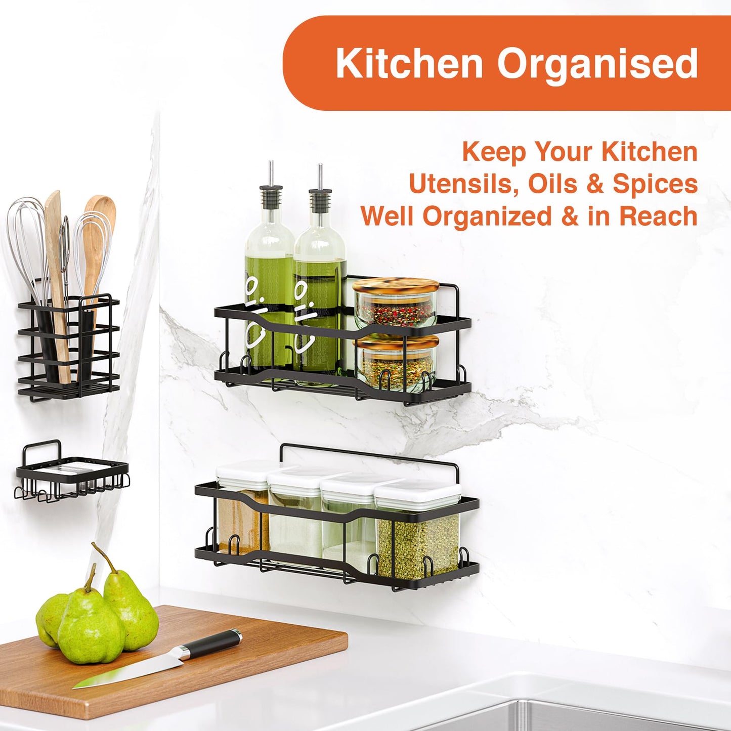 Shower Caddy Bathroom Shelves, The Athena Silken 4 Set, 40LB Capacity, Adhesive Tape No Drill - Rustproof -Gorgeous Powder Coated 304 Stainless Steel Shower Organizer for kitchen & Home Decor - Black