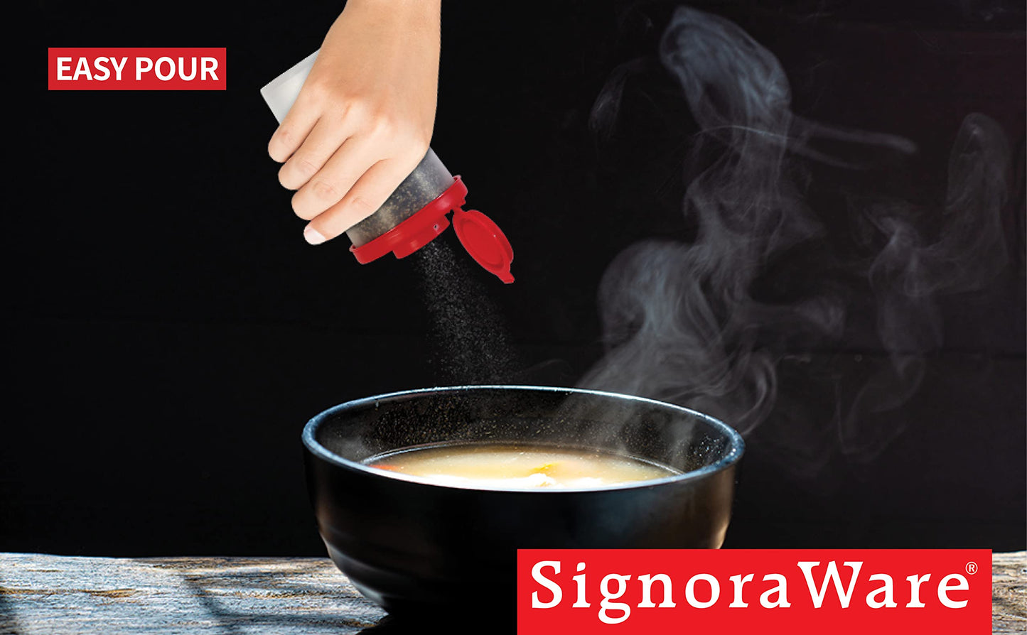 SIGNORAWARE Salt and Pepper Shakers Moisture Proof Set of 2 Large Salt Shaker to go Camping Picnic Outdoors Kitchen Lunch Boxes Travel Spice Set Clear with Red Covers Lids Plastic Airtight Dispenser