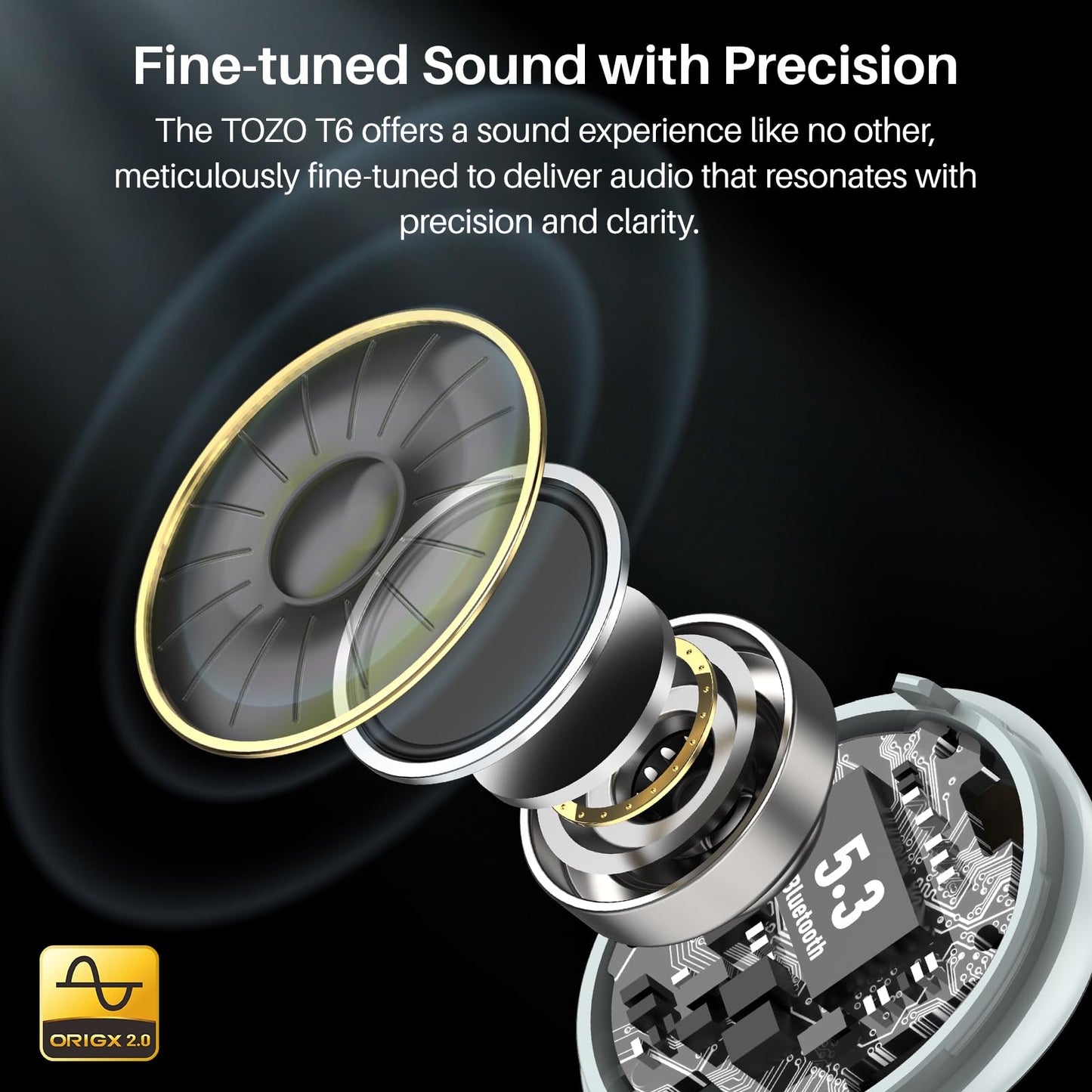 TOZO T6 Wireless Earbuds, IPX8 Waterproof Ear Buds, Stereo Bass Sound Bluetooth 5.3 Headphones in Ear, 50 Hours Playtime Earphones, Wireless Charging Case, Custom 32 EQ via APP