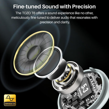 TOZO T6 Wireless Earbuds, IPX8 Waterproof Ear Buds, Stereo Bass Sound Bluetooth 5.3 Headphones in Ear, 50 Hours Playtime Earphones, Wireless Charging Case, Custom 32 EQ via APP