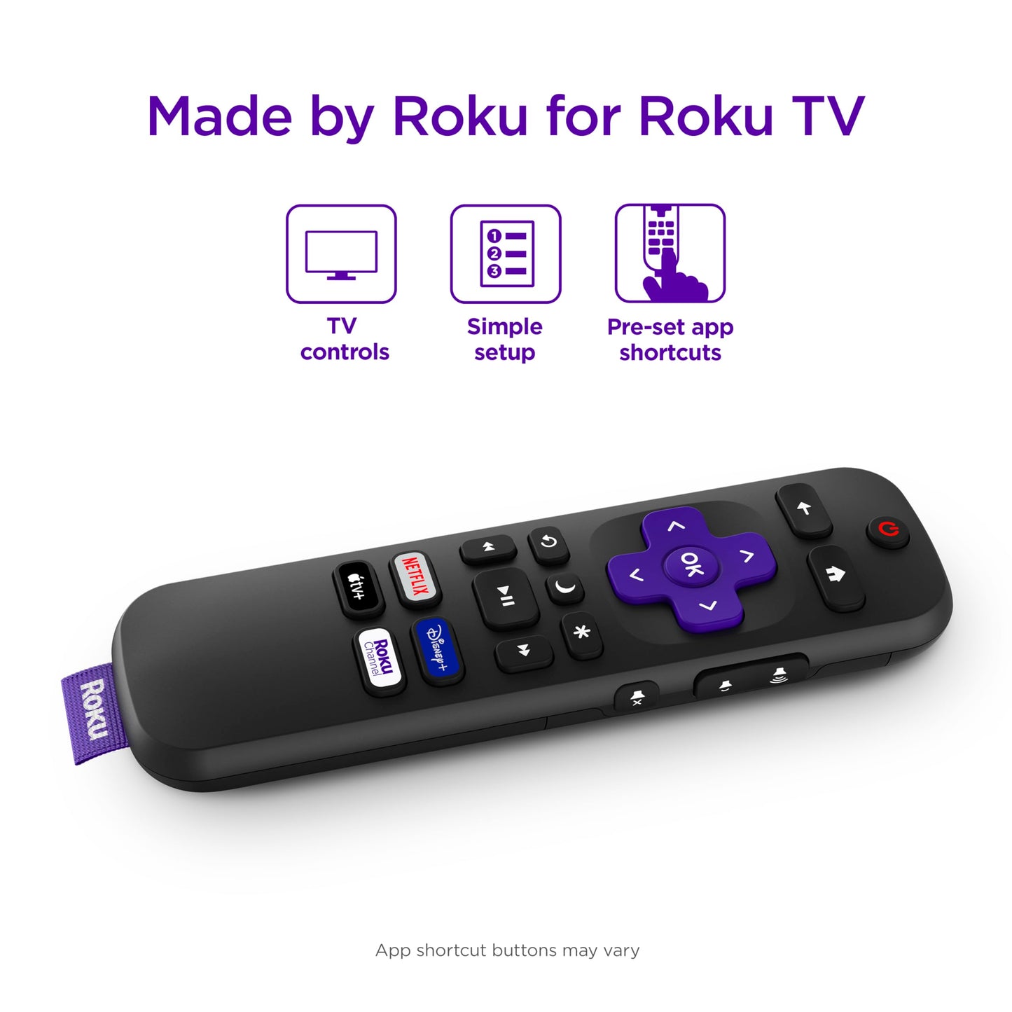 Roku TV Remote Control (Official Manufacturer Product) - Simple Setup, & Pre-Set App Shortcuts - Replacement Remote Compatible with RokuTV Models ONLY (Not Roku Players)