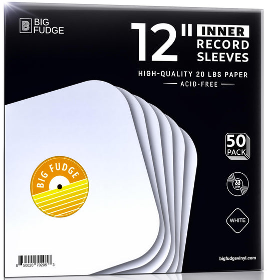Big Fudge 50x Vinyl Record Inner Sleeves - Round Corners for 12" Records - Vinyl Record Sleeves in Heavyweight & Acid Free Paper - Protective LP Album Cover - White