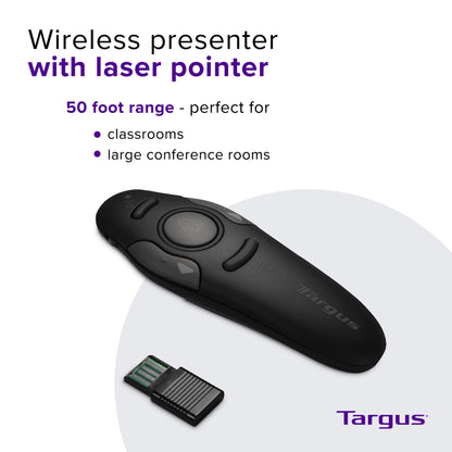 Targus Bluetooth Wireless Presentation Clicker Laser Pointer for Meetings and PowerPoint – Comes with USB Dongle, 50 Foot Range (AMP16US)