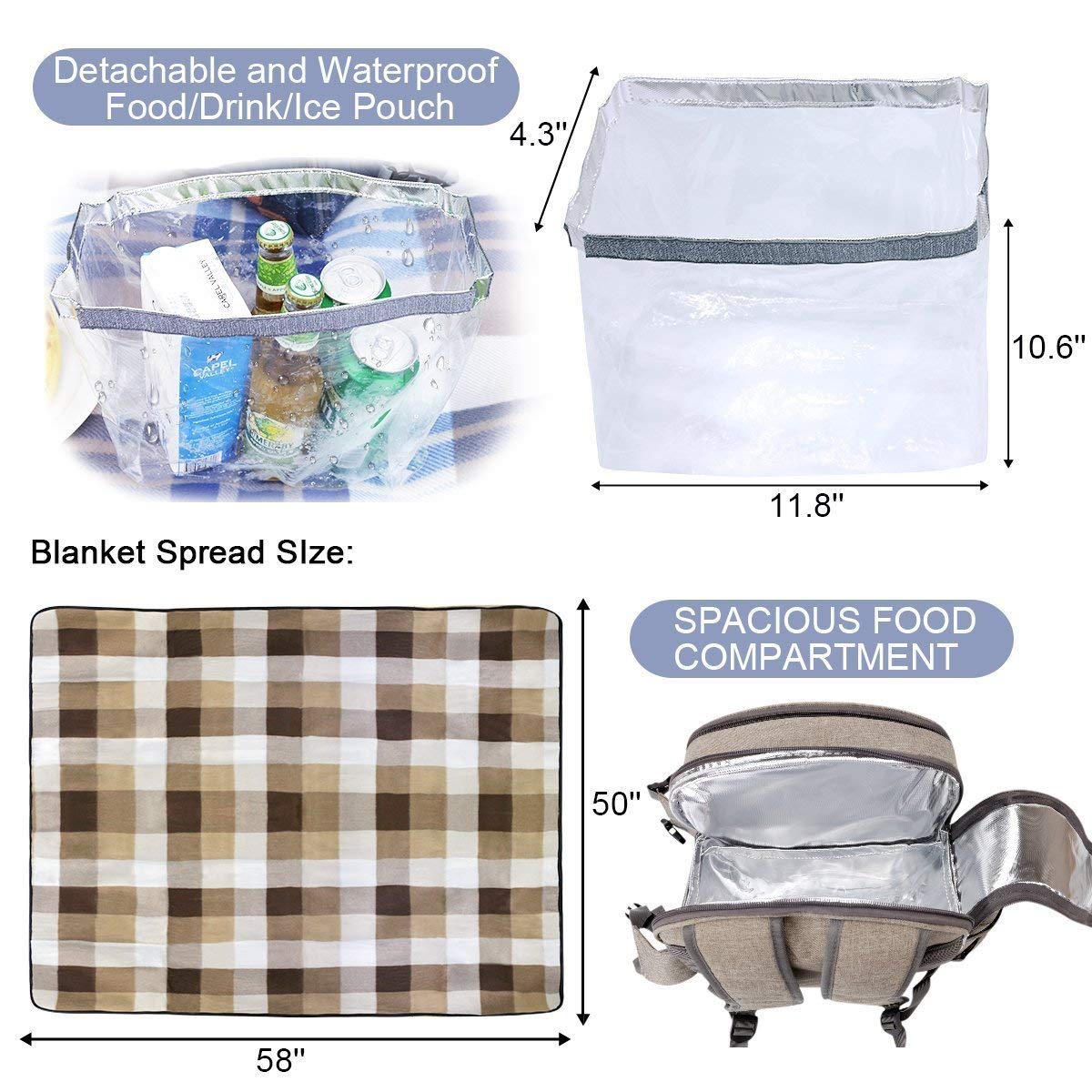 Sunflora Picnic Backpack for 4 Person with Blanket Picnic Basket Set for 2 with Insulated Cooler Wine Pouch for Family Couples (Brush Beige)