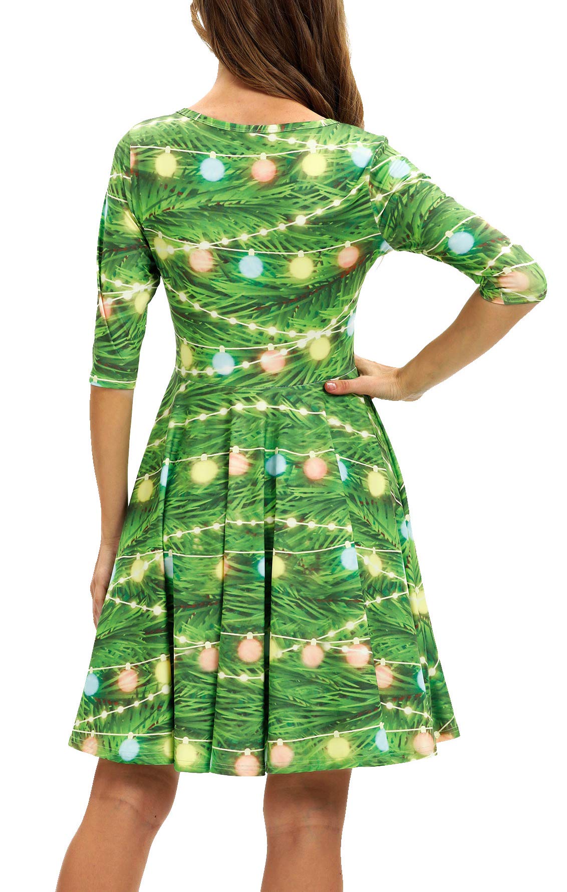 Ainuno Womens Teen Girls Green Christmas Dress Funny Cute Fit and Flare Dresses,Christmas Lights XL