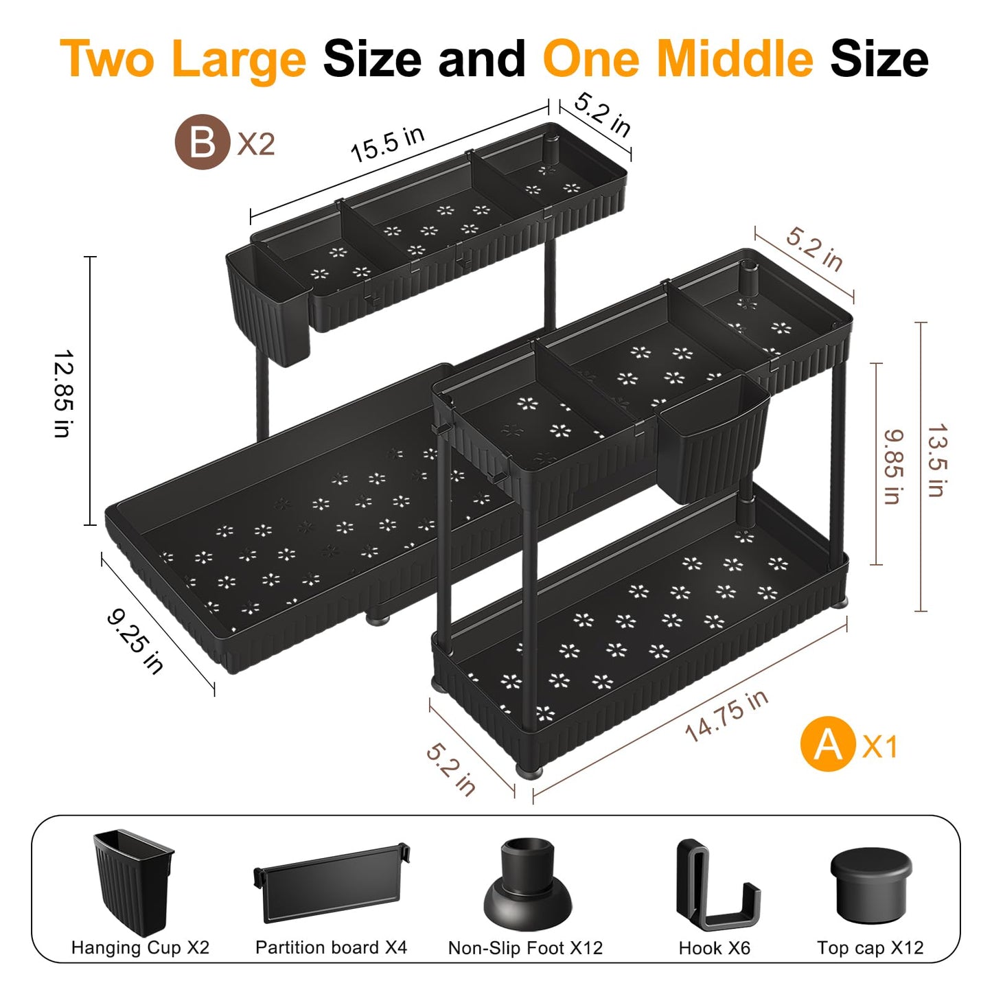 Sevenblue 3 Pack Multi-Purpose Under Sink Organizers and Storage, 2025 L-Shaped Pull Out Cabinet Organizer for Bathroom & Kitchen, Under Cabinet Organizer with Hooks Hanging Cup, Black