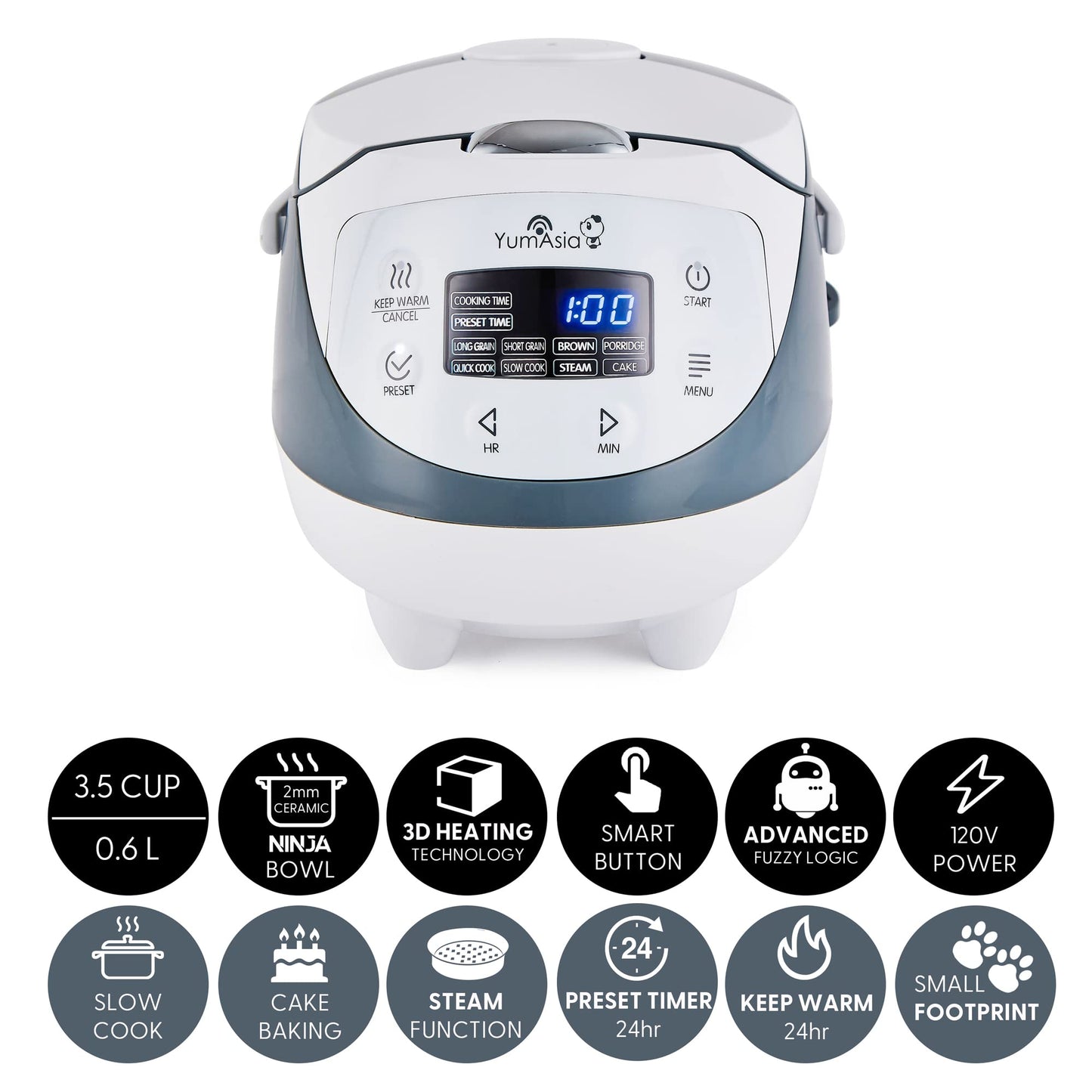 Yum Asia Panda Mini Rice Cooker With Ninja Ceramic Bowl and Advanced Fuzzy Logic (3.5 cup, 0.63 litre) 4 Rice Cooking Functions, 4 Multicooker functions, Digital LED display - 120V