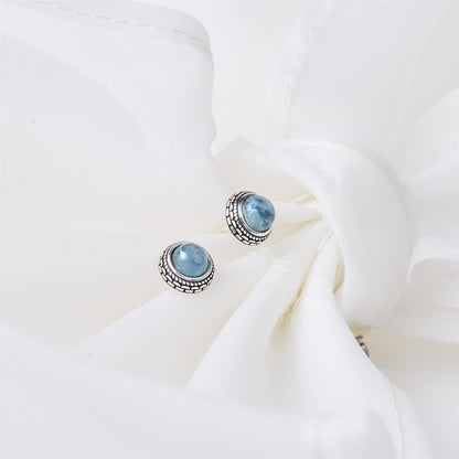 Small Genuine Blue Aquamarine 925 Sterling Silver Hypoallergenic Studs Earrings Jewelry for Women Dainty Trendy Antiqued Silver March Birthstone Gifts for Her