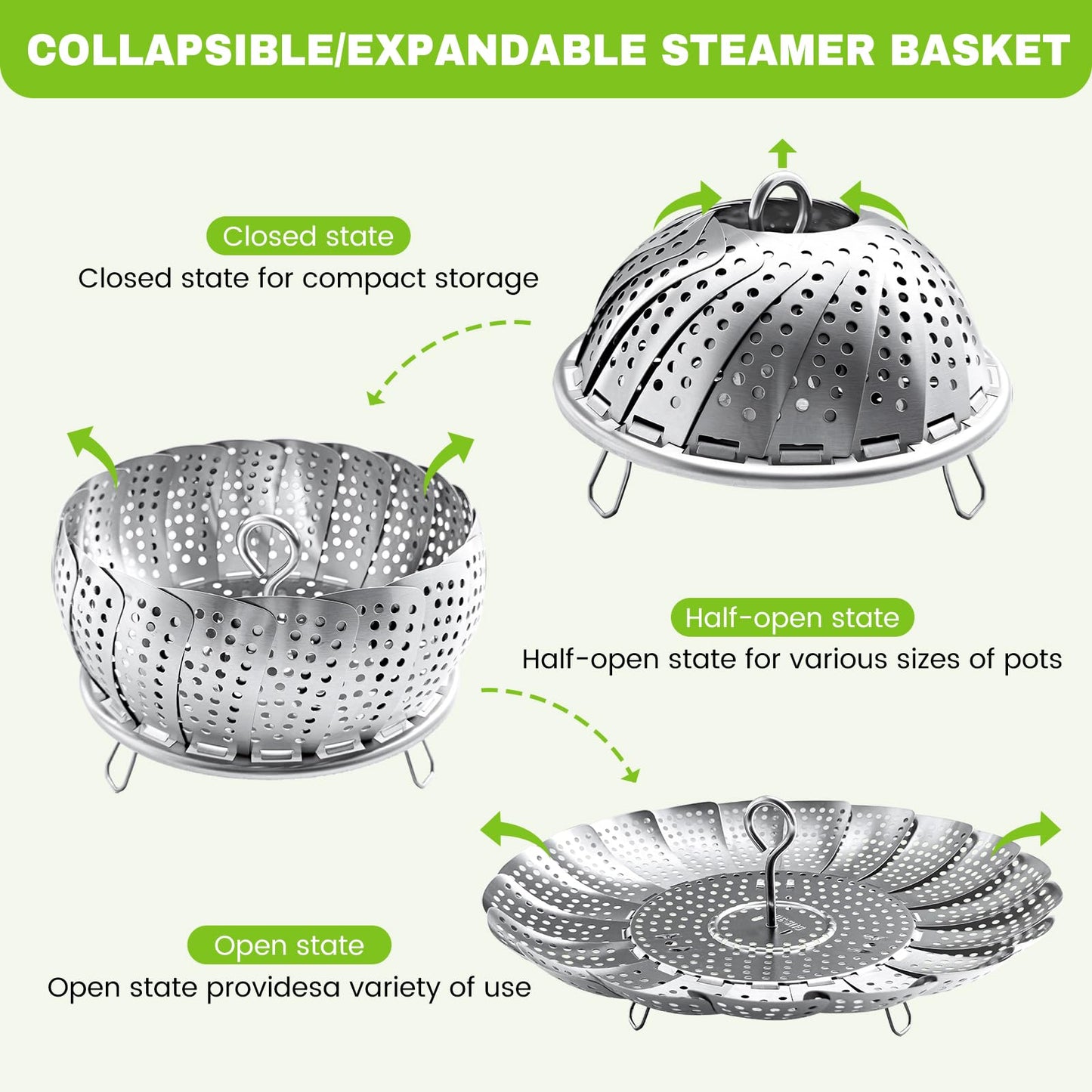 Steamer Basket Stainless Steel Instant Pot Accessories for Food and Vegetable, Zocy Premium Expandable Steam Basket to Fit Various Size Pots Medium (6.1" to 10.2"))