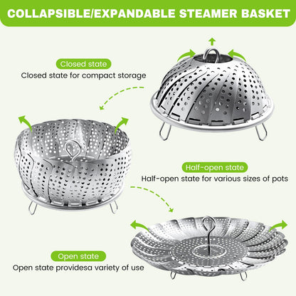 Steamer Basket Stainless Steel Instant Pot Accessories for Food and Vegetable, Zocy Premium Expandable Steam Basket to Fit Various Size Pots Medium (6.1" to 10.2"))