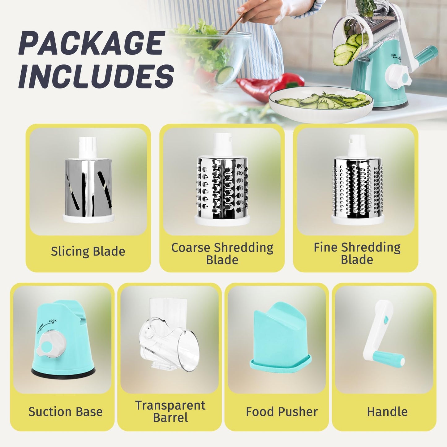 X Home Rotary Cheese Grater for Kitchen, Shredder with 3 Interchangeable Blades, Rotary Grater with Handle and Strong Suction Base, for Vegetables, Fruit, Nuts, Easy to Use and Clean, Blue