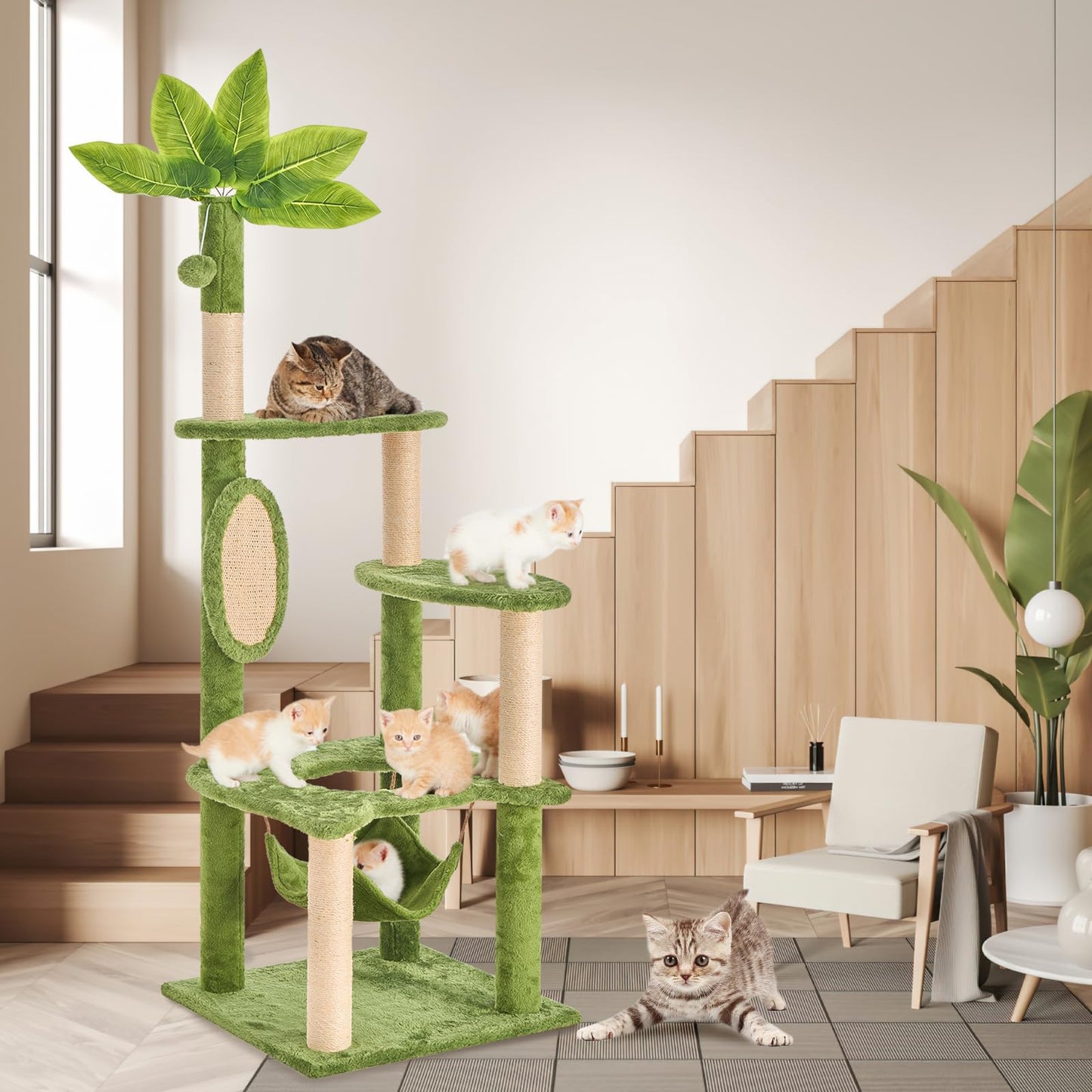 TSCOMON 55" Cat Tree for with Green Leaves, Multi-Level Large Cat Tower with Hammock, Plush Cat House with Hang Ball Toy and Sisal Scratching Posts Furniture, Green