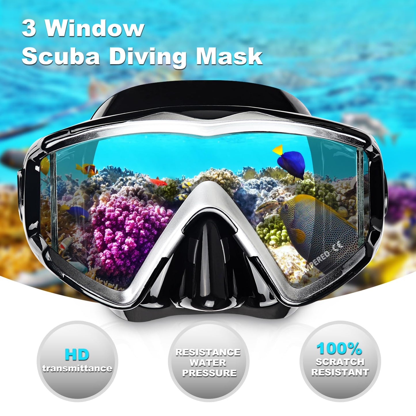 Snorkel Set Pano 3 Adult Snorkeling Gear, Professional Anti-Fog Snorkel Mask Dry Top Snorkel, Tempered Glass Scuba Diving Mask for Freediving, Snorkeling and Swimming(Black Set)