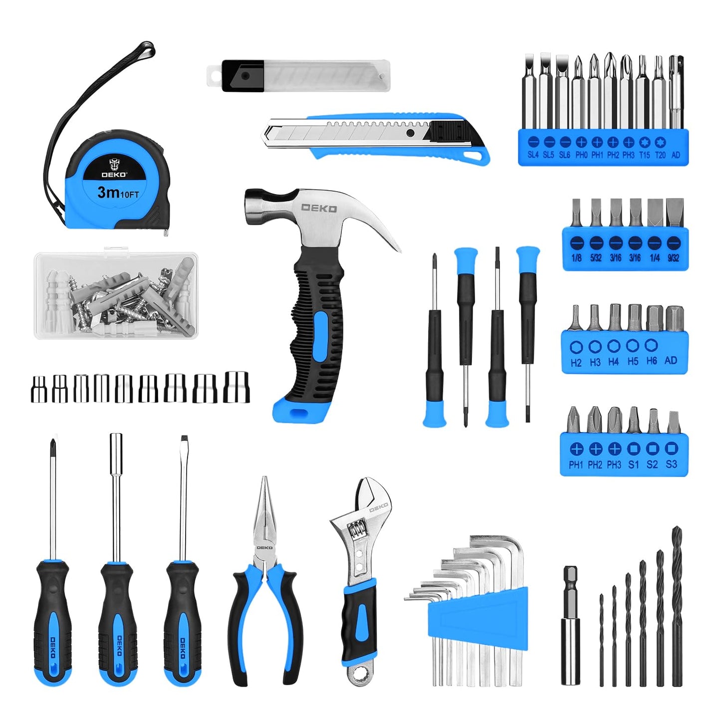 DEKOPRO Drill Set: Tool Set with 8V Blue Cordless Drill, Home Tool Kit with Drill, Hand Tool Kits for Men & Women 126 Piece