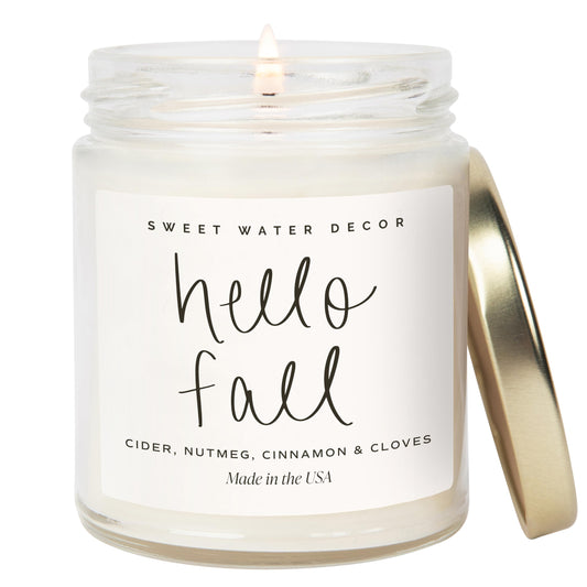 Sweet Water Decor Hello Fall Candle - Cinnamon Apples & Clove Autumn Fall Scented Candle for Home Decor - 100% Cotton Wick Soy Wax Candles with 40 Hour Burn Time - Made in The USA - 9oz Clear Jar