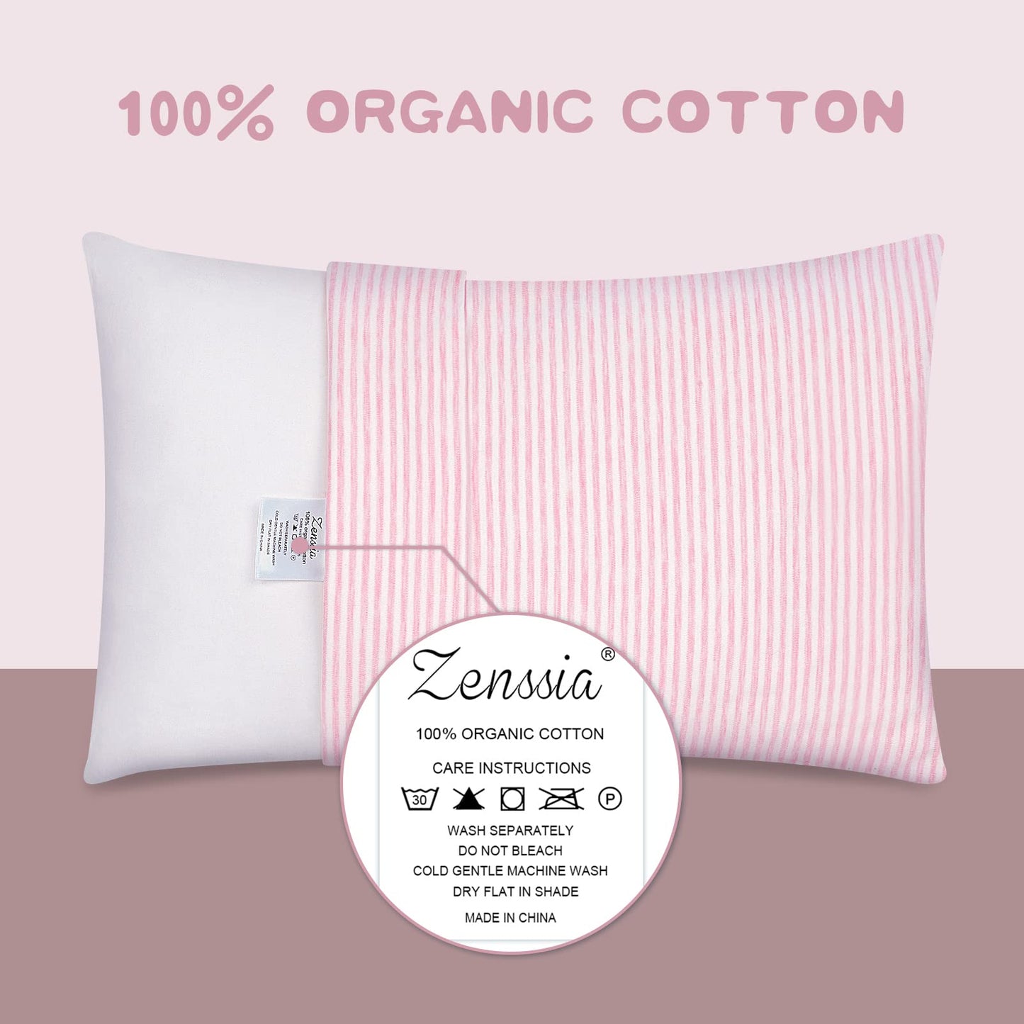 Zenssia Organic Cotton Toddler Pillowcase/Travel Pillowcase Pack of 2 Set 13x18 Inches with Envelope Closure - Soft & Breathable Baby Pillow Case Cover Pink Stripe