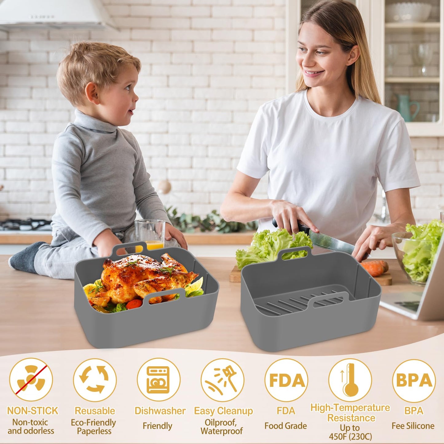 Silicone Air Fryer Liners 10QT, Reusable Airfryer Basket Liners for Ninja DZ550/DZ401, 2Pcs 5QT Large Air Fryer Accessories, Dishwasher safe (8.46 * 5.9 inch （10 QT）, DZ401 - Black)