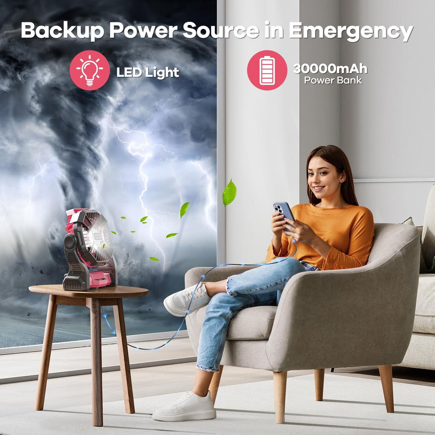 30000mAh Solar Fan with LED Lantern, 10W Solar Panel Rechargeable Battery Powered Camping Fan for Outside, 9 Inch Portable Battery Operated Hurricane Supplies for Picnic, Barbecue, Fishing, Travel