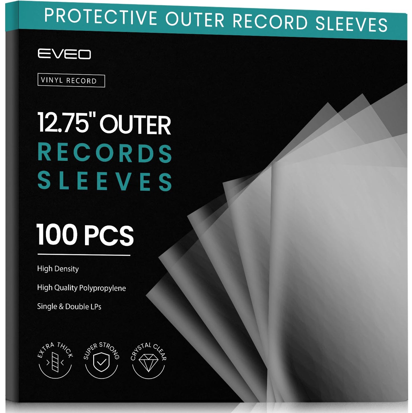 EVEO 100 Vinyl Record Sleeves Outer – Crystal Clear Outer Vinyl Sleeves LP Album Covers 12.75"x12.75" | Perfect Fit Protective 3 Mil Protection for Single & Double LPs - Archival Quality