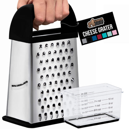 GORILLA GRIP XL 4-Sided Cheese Grater With Container, 100% BPA-Free Stainless Steel Box Graters, Parmesan Shredder, Grate Cheeses, Shred Veggies, Slip Resistant Handle, Dishwasher Safe Zester, Black