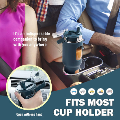 BLUEGO 40 oz Glass Water Bottles with Straw Time Marker, Glass Tumbler with Handle Top Lids, Easy to Clean, Fits in Car Cup Holder, Leakproof Jug for Gym, Sports, Workout & Daily, Dark Blue