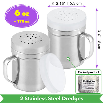 CUSINIUM Metal Salt Pepper Cooking Dredge Shakers - With Handle - Seasonings Spice Shakers With Holes and Lids - 6 Ounce, 2pcs | Style: Medium
