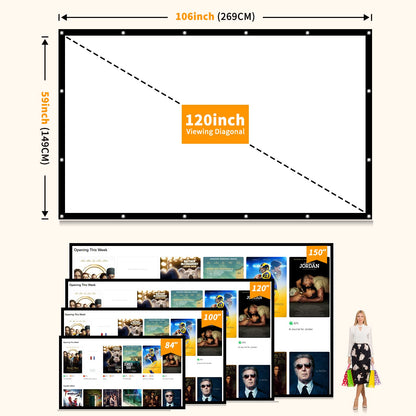 Taotique Projector Screen 120 inch, Movie Projector Screen 16:9 Foldable and Portable Anti-Crease Indoor Outdoor Projection Double Sided Video Projector Screen for Home, Party, Office, Classroom