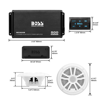 BOSS Audio Systems ASK904B.64 Marine Boat 6.5 inch Speakers and 4 Channel Amplifier - 500 High Output, Bluetooth Remote, USB and Auxiliary, Waterproof Pouch