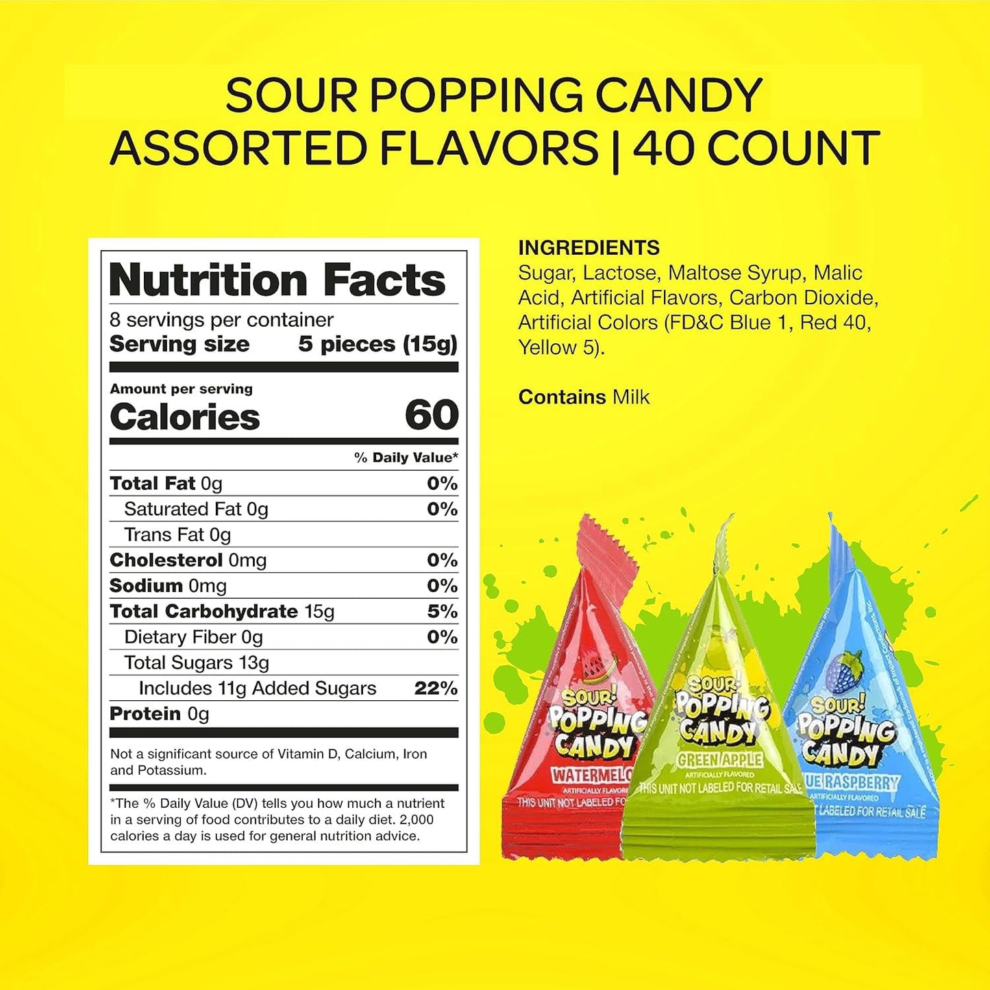 WarheadsSour Popping Rocks - 40 Count Bag - Sour Popping Halloween Candy Individually Wrapped - Assorted Fruit Flavors - Triangle Pouches - Blue Raspberry, Watermelon, Green Apple