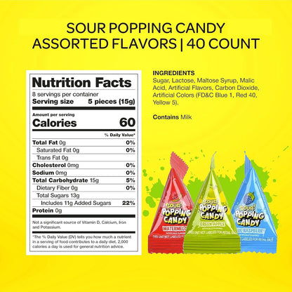 WarheadsSour Popping Rocks - 40 Count Bag - Sour Popping Halloween Candy Individually Wrapped - Assorted Fruit Flavors - Triangle Pouches - Blue Raspberry, Watermelon, Green Apple