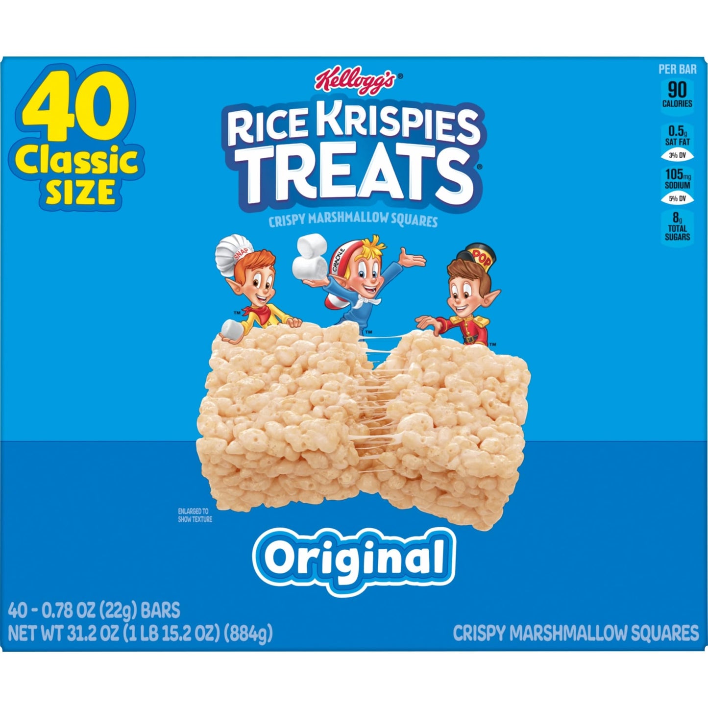 Rice Krispies Treats Crispy Marshmallow Squares, Kids Snacks, Snack Bars, Original, 31.2oz Box (40 Bars)